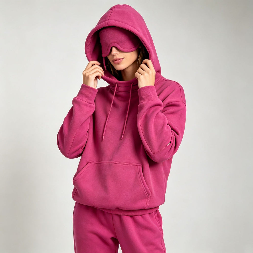 Women's Fleece-Lined Hoodie & Jogger Set with Eye Mask Hood – Pink, Black, Beige | S–3XL