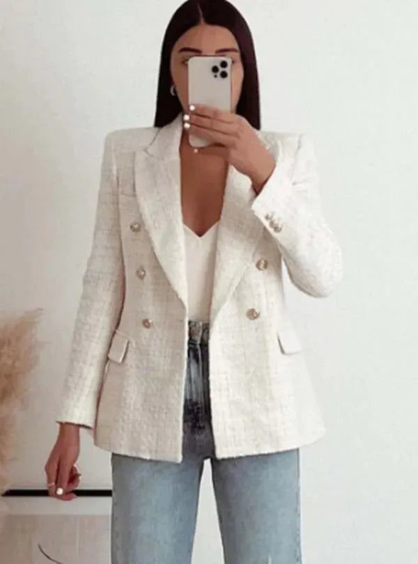 Classy Urban Women Textured Double Breasted Tweed Blazer - EX-STOCK CANADA