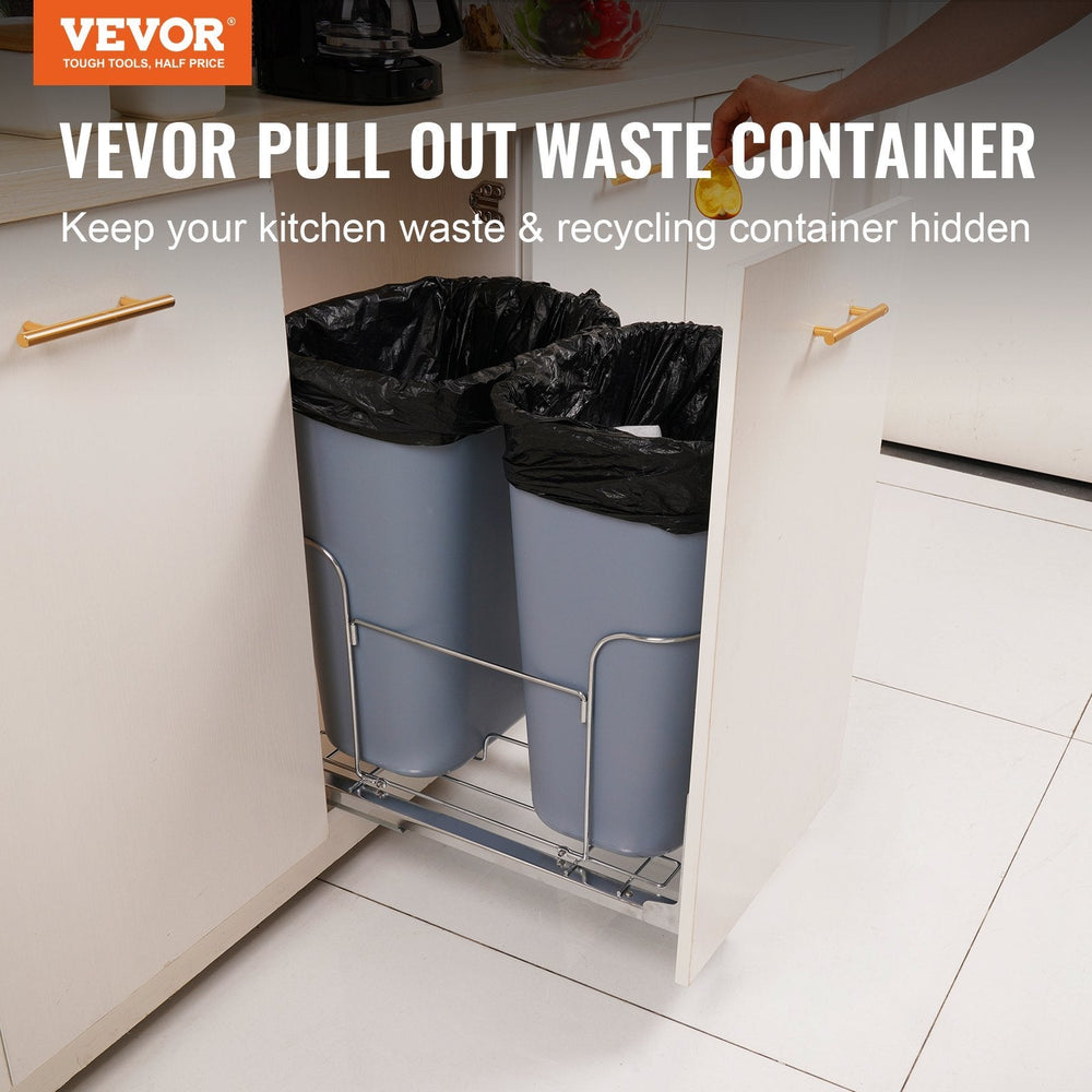Pull-Out Trash Can, 35Lx2 Double Bins, Under Mount Kitchen Waste Container With Slide And Door Mounting Kit, 110 Lbs Load Capacity Heavy Duty Garbage Recycling Bin For Kitchen Cabinet, Sink EX-STOCK