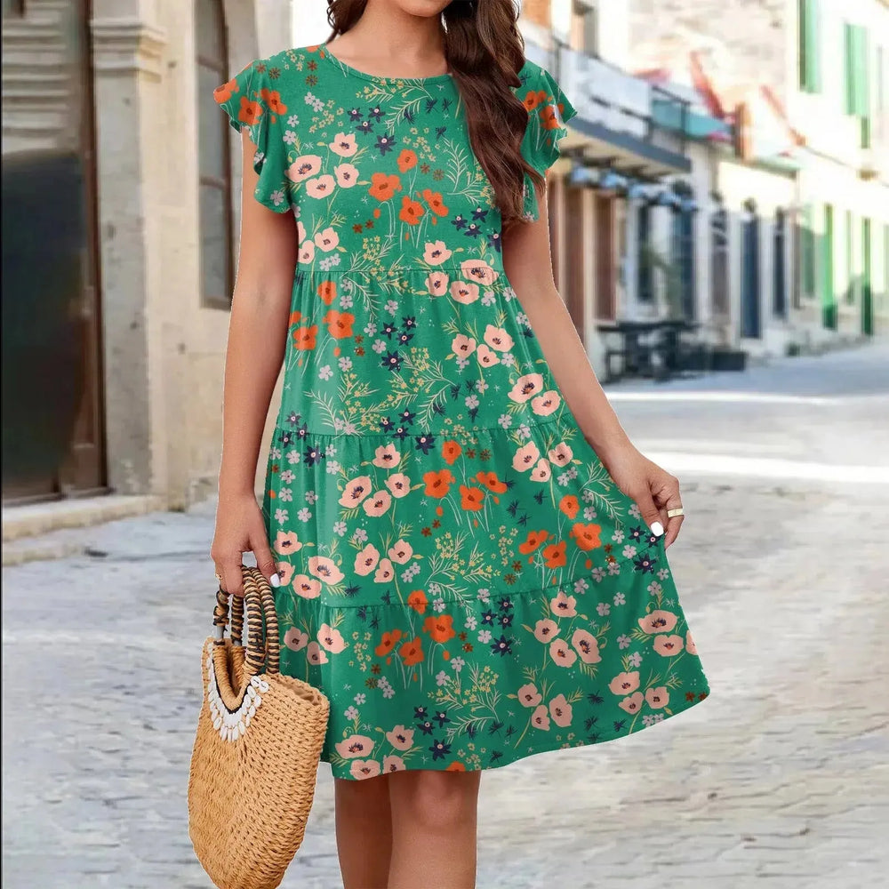 Ruffle Sleeve Dress Summer Loose Flower Print Beach Dresses Sweet Skirt Women - EX-STOCK CANADA