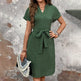 tie belt dress & Elegant V Neck Short Sleeve Casual Summer EX-STOCK