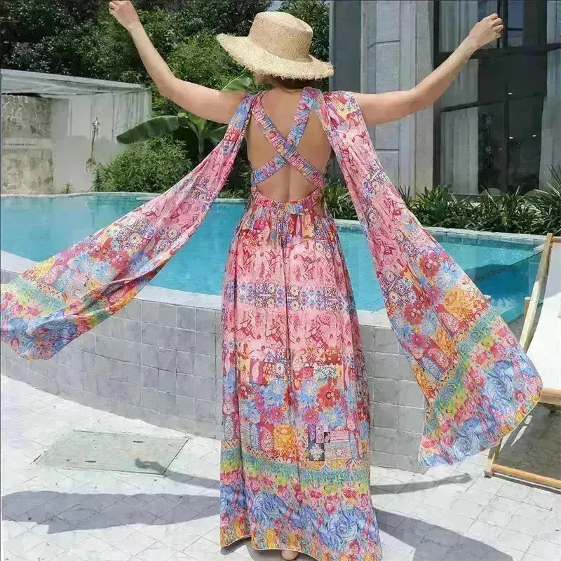 Casual Women's Floral Style Large Hem Cross Open Back Dress - EX-STOCK CANADA