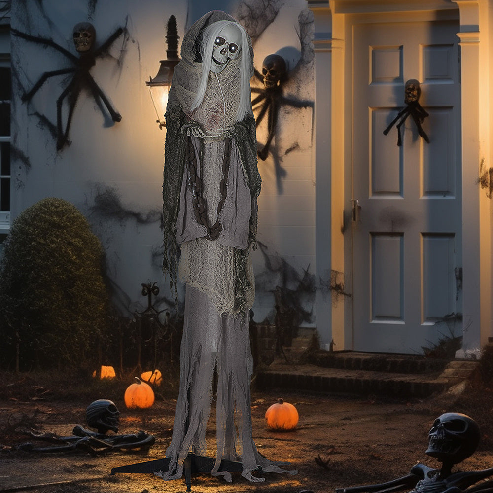 74inch Life Size Outdoor Halloween Decorations Skeleton Witch, Sound And Motion Activated Animated Prop Animatronic Decor With Light Up Eyes, Spooky Sound EX-STOCK