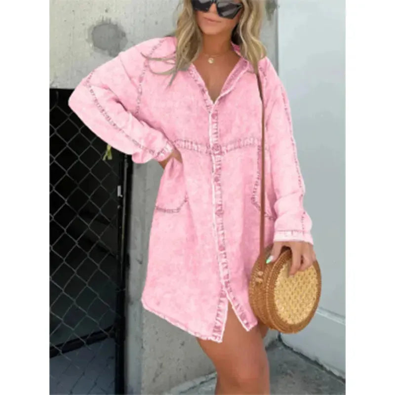 Women's Denim Washed Loose Shirt Dress - EX-STOCK CANADA