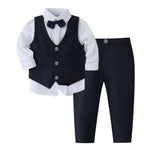 Children's formal outfit with vest, shirt, bow tie, and pants on a white background