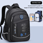 Black and red backpack with dinosaur design on a light blue background