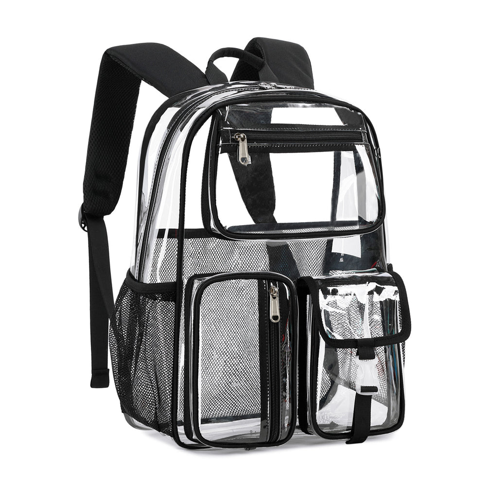 Clear backpack with black straps on a white background