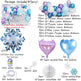 A product package and contents chart for a balloon and foil balloon decoration set. The image shows a sample decorated wall with blue, white, and purple balloons, a large blue snowflake foil balloon, a silver ribbon spool, paper snowflake fans, and text listing the included items and balloon sizes.