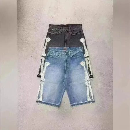 Hip Hop Embroidered Bones Casual Denim Shorts for Men Jeans shorts for Men - EX-STOCK CANADA