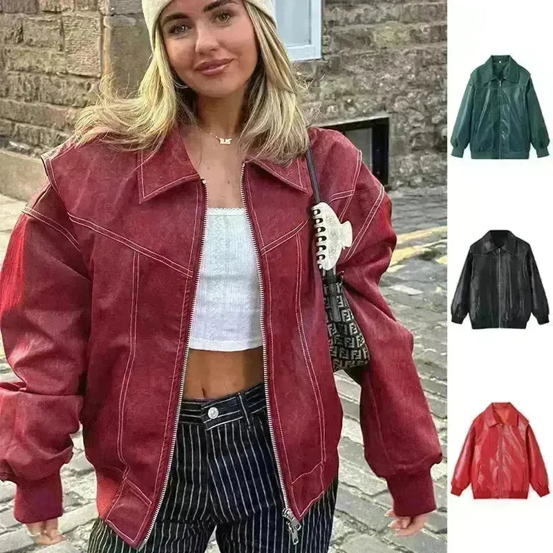 Oversized Fashion Zip-up Lapel Leather Jacket for women - EX-STOCK CANADA
