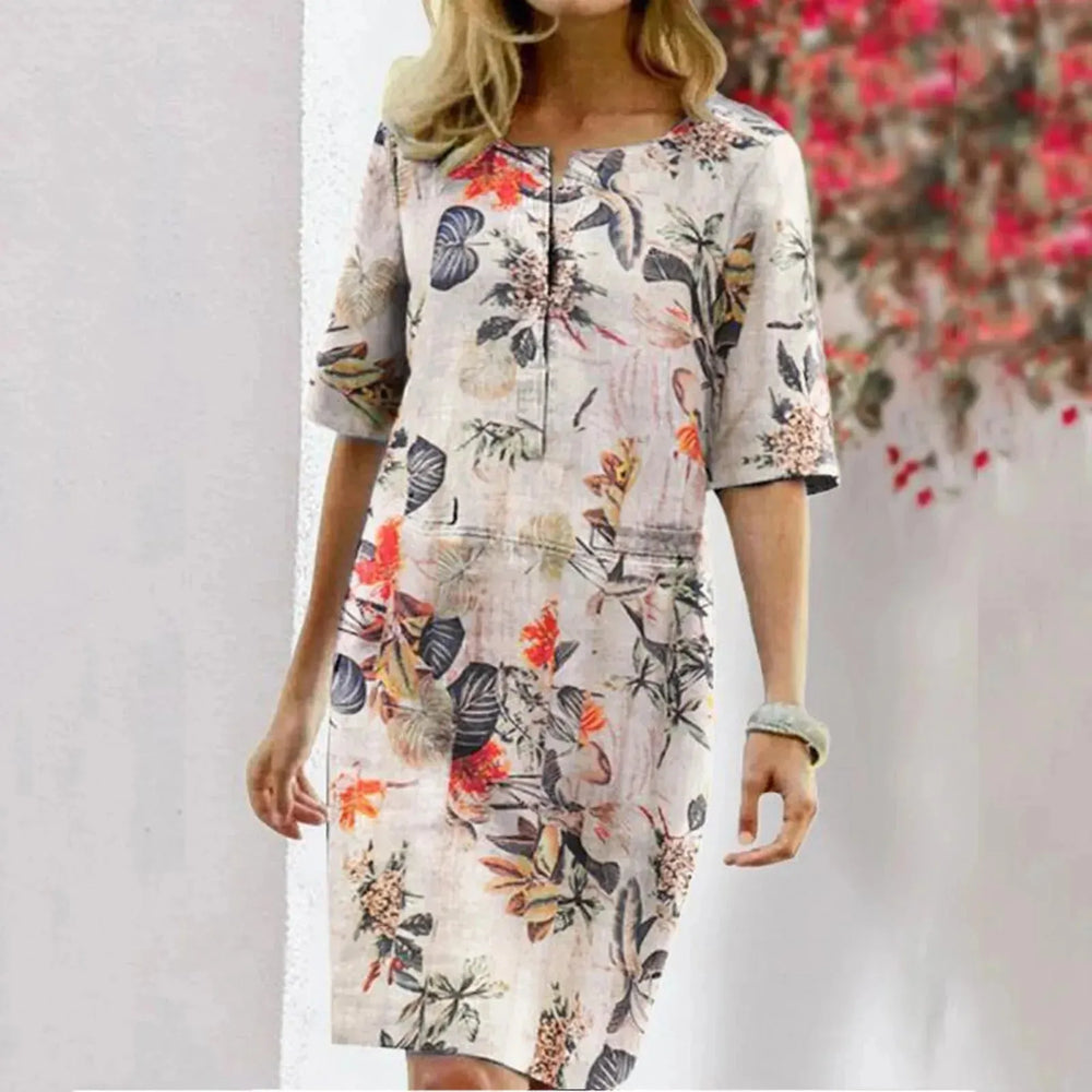 Vintage Dress Women Summer Floral Leaf Print Slit Round Neck Half Sleeve Dresses - EX-STOCK CANADA