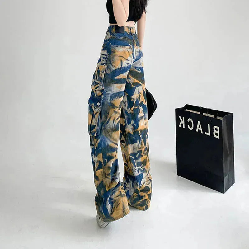 New Tie-dye Baggy CargoTrousers With Pockets Y2K Fashion High Waist Loose Wide Leg Pants Spring And Autumn - EX-STOCK CANADA
