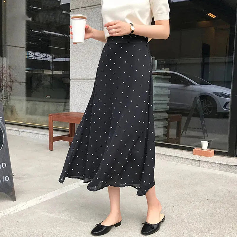 Polka dot High waist Chiffon Flowy Midi skirt women - EX-STOCK CANADA