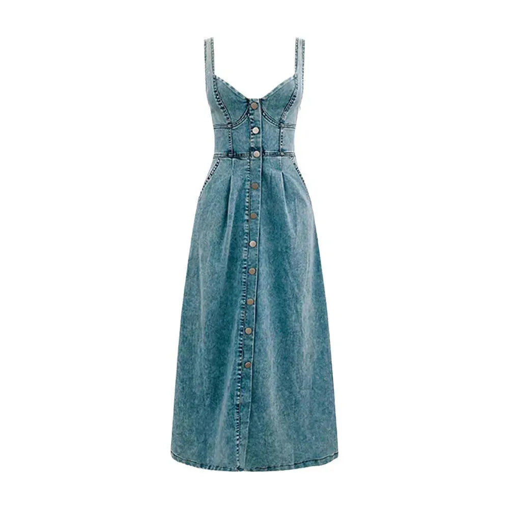 Women's sleeveless Denim Buckle Strap Midi maxi Dress - EX-STOCK CANADA
