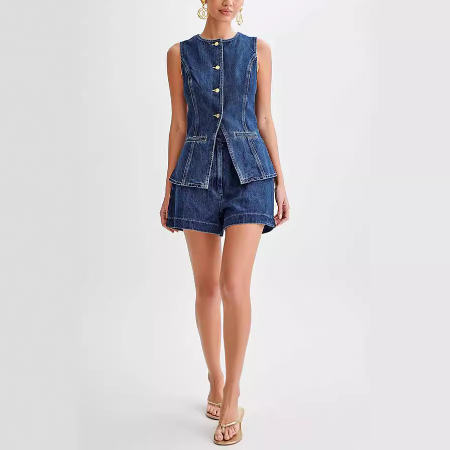 Denim Fashion Casual Sleeveless Women's Suit 