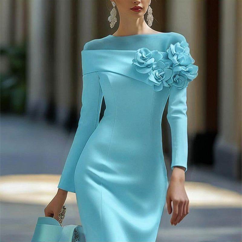 Women's Floral Embellished Long Sleeve Solid Color Round Neck A-Line Bodycon Party Dress For Spring&Summer Vacation EX-STOCK