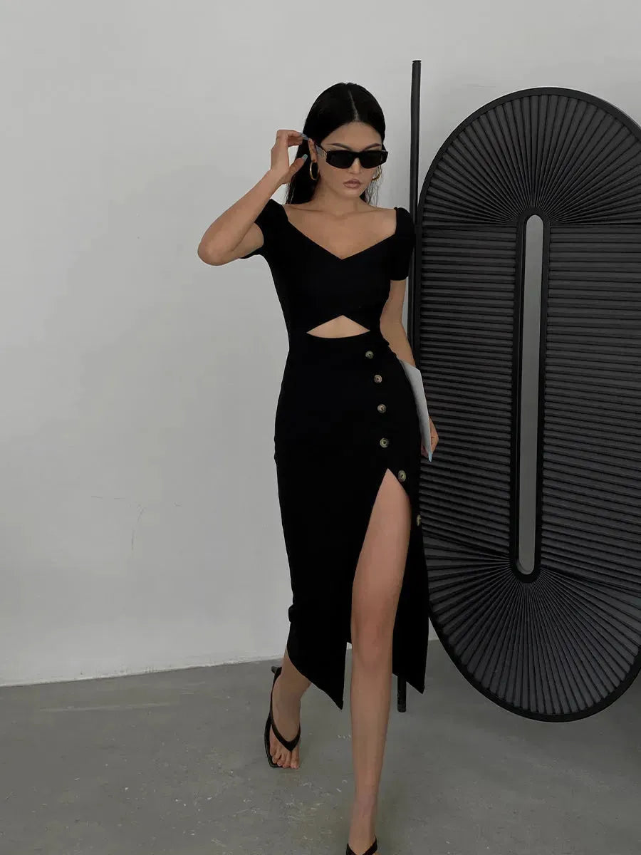 Slim And Hollow Niche Design High Slit Bag Hip Midi dress - EX-STOCK CANADA
