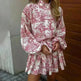 Ink Print Long Sleeve Floral Short Mini Skater Dress With Fashion Puffy Sleeve Lapel Tie A-Line Dress Clothing - EX-STOCK CANADA