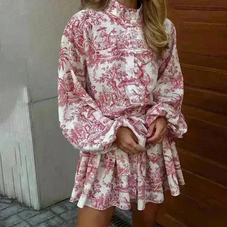 Ink Print Long Sleeve Floral Short Mini Skater Dress With Fashion Puffy Sleeve Lapel Tie A-Line Dress Clothing - EX-STOCK CANADA