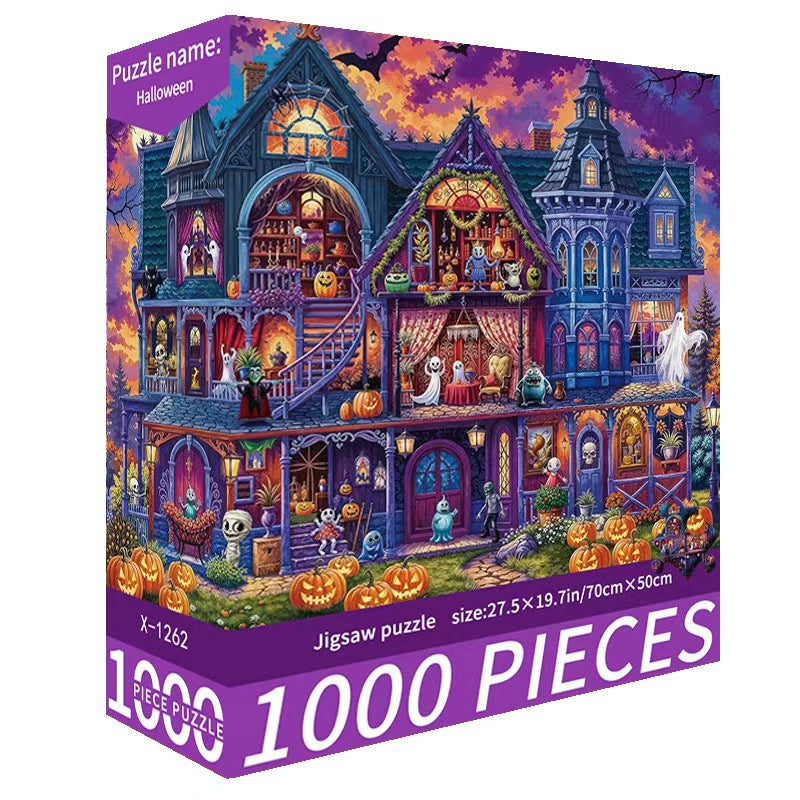 Halloween-themed puzzle box with a colorful haunted house design on a purple background