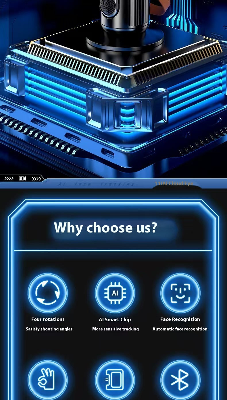 A promotional graphic for a blue and black electronic device, featuring a close-up of its metallic and glowing blue components at the top and a feature list panel at the bottom with icons and text including 'Four rotations', 'AI Smart Chip', 'Face Recognition', and 'Bluetooth'.
