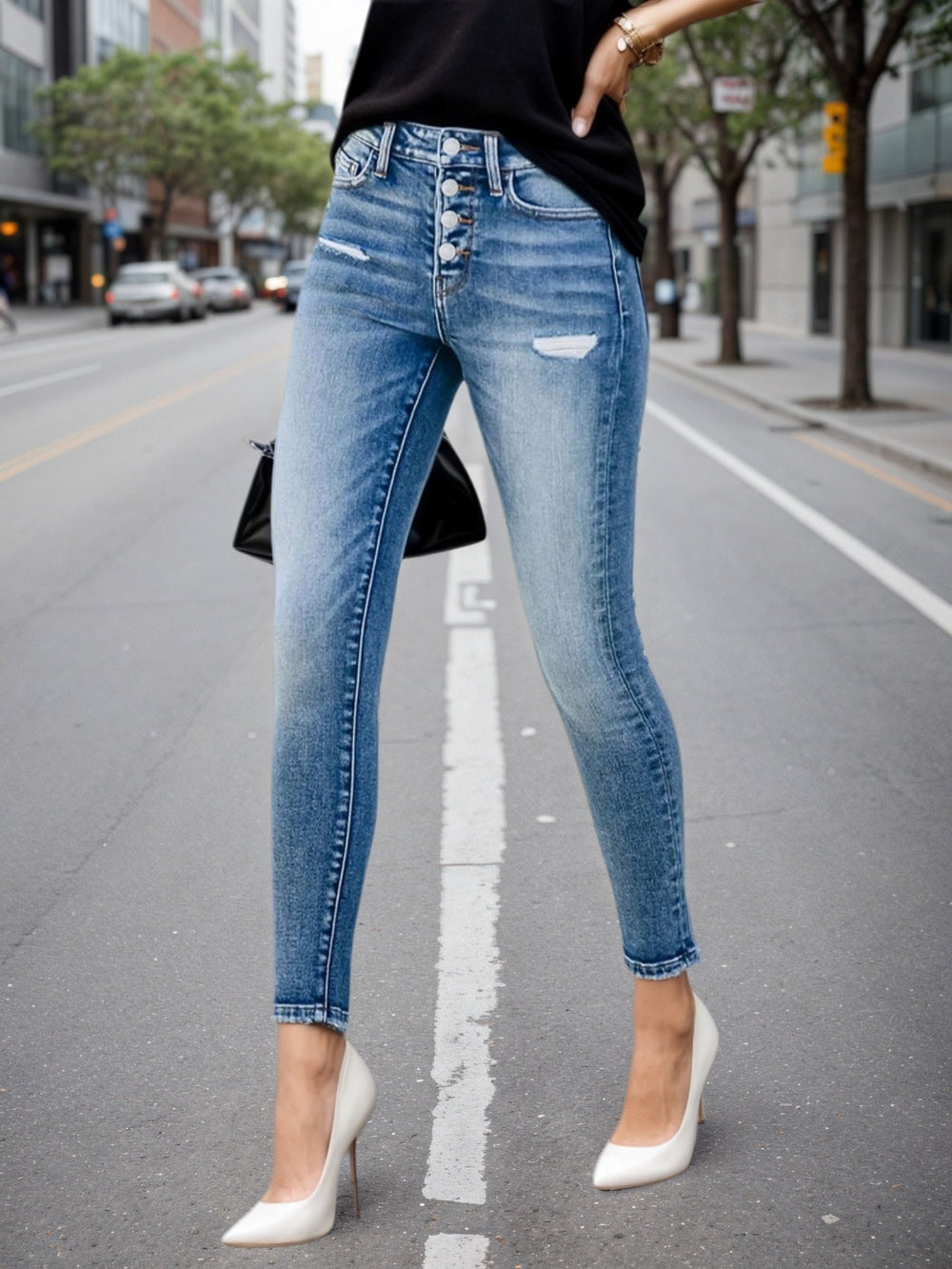 Women's Single Breasted Blue Washed Denim Jeans, High Waisted Elastic Tight Jeans, Fashionable And Casual, Basic Style, Comfortable Version, Versatile And Error Free EX-STOCK Canada 