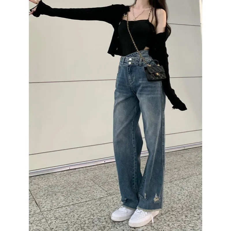 Women High waist Washed Blue Jeans Pant Wide Leg Denim Pant