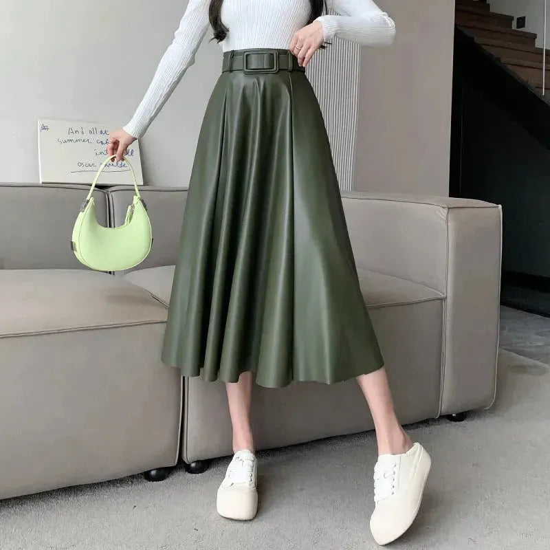 Elegant women High waist Flared Midi PU Leather skirt - EX-STOCK CANADA