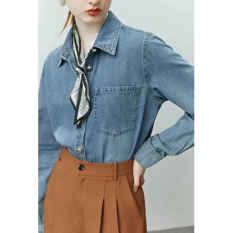 Blue Soft Denim Shirt Jacket Women's Long Sleeve Bandage Denim Dress Top - EX-STOCK CANADA