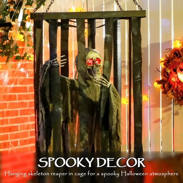Animatronics Hanging Skeleton Reaper In Cage, Voice-Activated Prop With Flashing Eyes, Easy Setup Indoor EX-STOCK Canada 