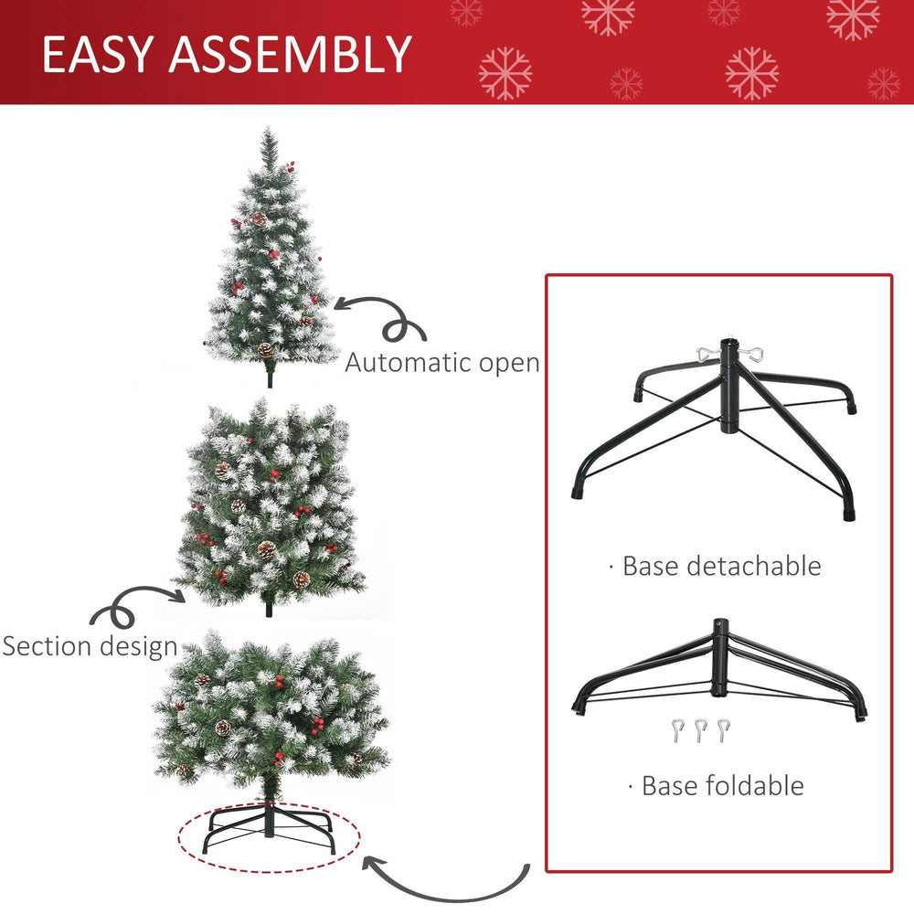 6ft Decorated Christmas Tree With Red Berries And Pine Cones, Flocked Christmas Tree With Pencil Shape, Green EX-STOCK Canada 