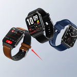 Three smartwatches floating on a light gray background: one with a brown leather strap, one black with a black strap, and one navy with a blue strap. A red arrow points to the buckle area of the brown strap watch.