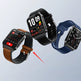 Three smartwatches floating on a light gray background: one with a brown leather strap, one black with a black strap, and one navy with a blue strap. A red arrow points to the buckle area of the brown strap watch.