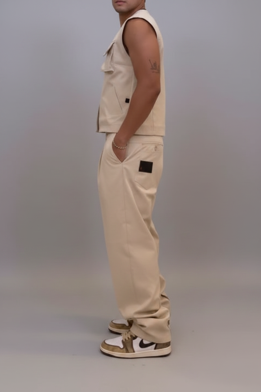 Men's Cargo Vest & Wide-Leg Trousers 2-Piece Set – Beige Casual Outfit (S–2XL) 