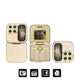 Gold flip phone with feather design on a white background