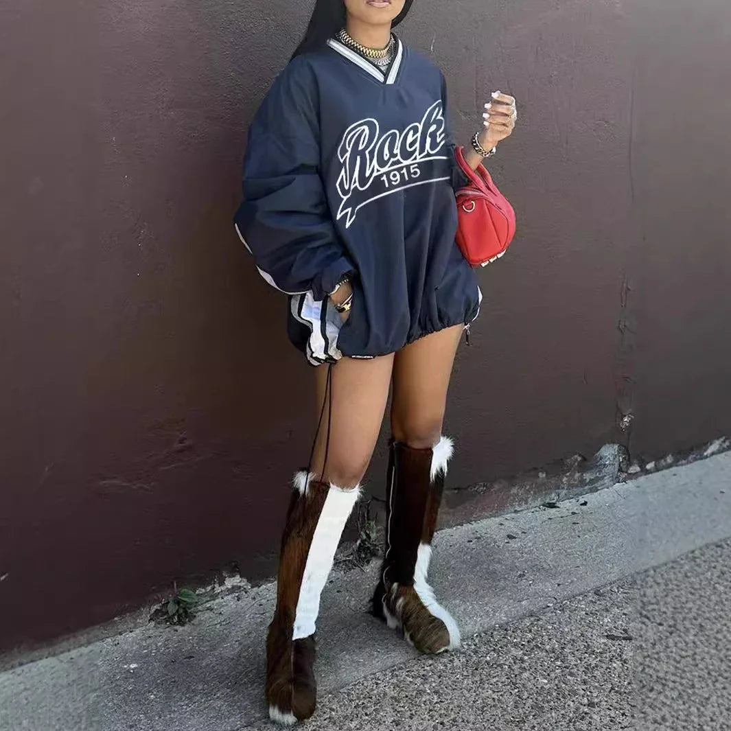 Women's Letter Print Color Block Loose Sweatshirt EX-STOCK Canada 