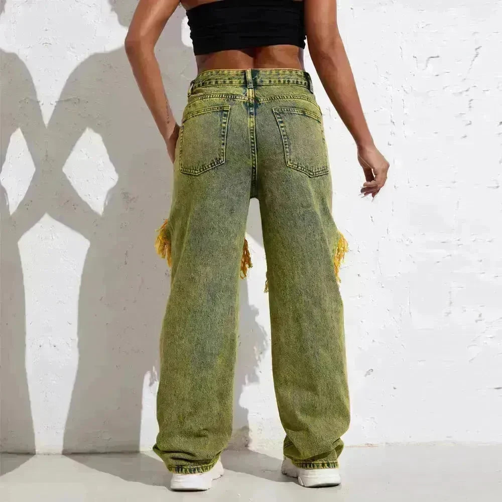 Shascullfites Melody Yellow Wash Streetwear Split Loose Straight Ripped Baggy Jeans Y2K Retro Women Denim Pants - EX-STOCK CANADA