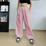 Pantalones de carga holgados rectos de la pierna de pierna ancha de las mujeres.