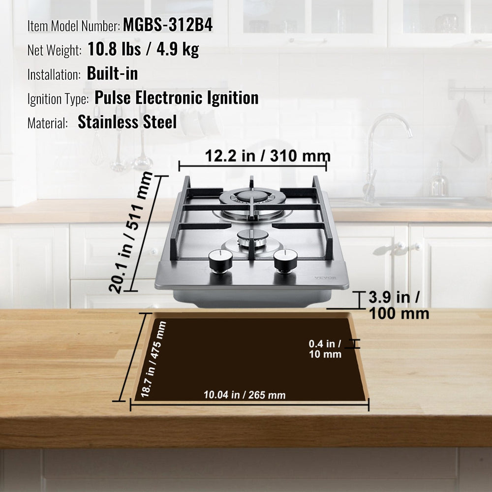 Gas Cooktop 12 Inch, Max 12250BTU 2 Burners Built-in Stainless Steel Gas Stove Top, LPG NG Convertible Dual Fuel Natural Gas Hob With Thermocouple Protection EX-STOCK