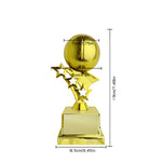 Gold trophy cup with a metallic ball on a star-shaped pedestal, shown with dimension lines and measurements for height, base width, and ball diameter on a white background.