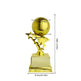 Gold trophy cup with a metallic ball on a star-shaped pedestal, shown with dimension lines and measurements for height, base width, and ball diameter on a white background.