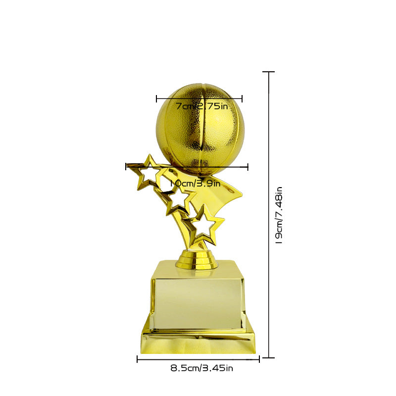 Gold trophy cup with a metallic ball on a star-shaped pedestal, shown with dimension lines and measurements for height, base width, and ball diameter on a white background.