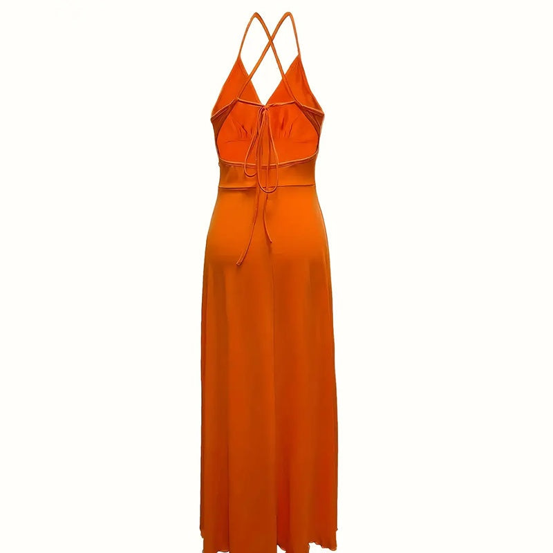Elegant V Neck Summer Maxi Slit Dress Spaghetti Strap High Slit Long Dress EX-STOCK