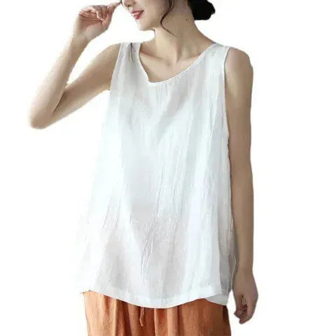Casual Cotton And Linen Art Solid Color Loose-fitting Versatile summer blouse Top  For Women - EX-STOCK CANADA