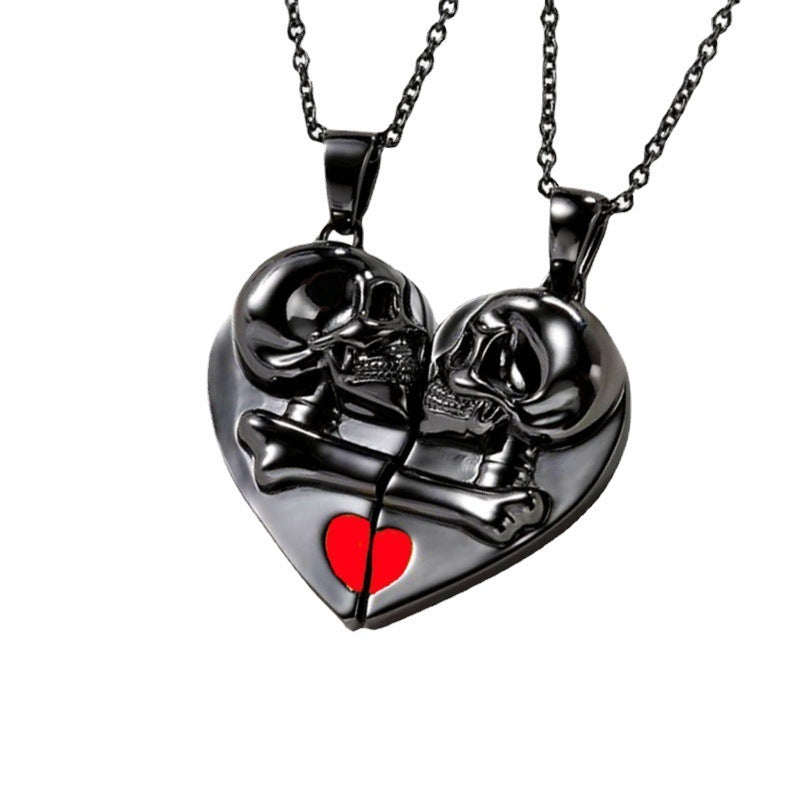 Punk Retro Skull Pendant Halloween Necklace Heart-shaped Magnetic Stitching Love Skull Couple Necklace EX-STOCK