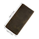 Brown leather wallet with measurements on a white background