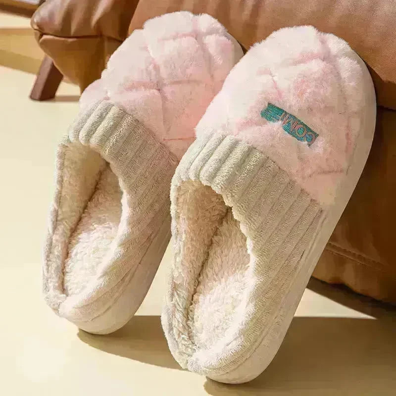 Solid Rhombic Letter Home Slippers Winter Warm Non-slip Floor Bedroom Plush Slipper For Couple House Shoes Women Men - EX-STOCK CANADA