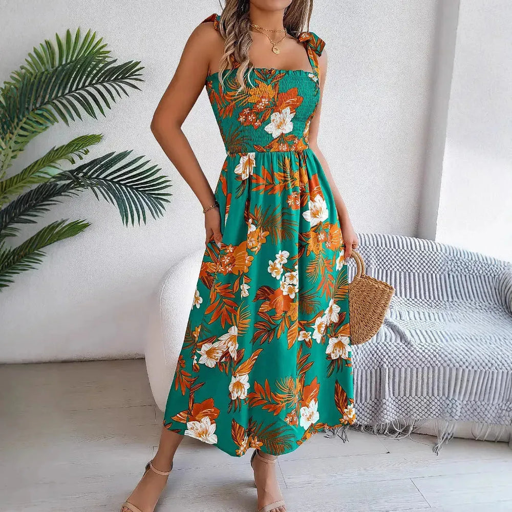 Flowers Print Suspender Corset Dress Ins Fashion Holiday Beach Long Dresses Summer Clothing For Women - EX-STOCK CANADA