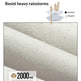 Promotional graphic for a waterproof fabric treatment, showing a close-up of light beige fabric covered with water droplets. Text reads 'Full surface waterproofing treatment' and 'Resist heavy rainstorms,' with a small diagram illustrating sunshade and rainproof layers.