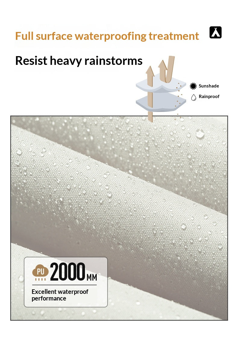 Promotional graphic for a waterproof fabric treatment, showing a close-up of light beige fabric covered with water droplets. Text reads 'Full surface waterproofing treatment' and 'Resist heavy rainstorms,' with a small diagram illustrating sunshade and rainproof layers.
